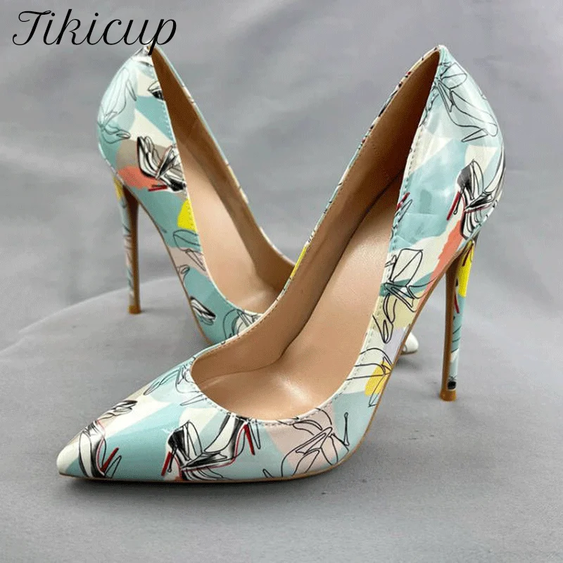 

Tikicup Light Green Print Women Pointy Toe High Heel Heel Shoes for Dress Skirts 12cm 10cm 8cm Fashion Slip On Stiletto Pumps