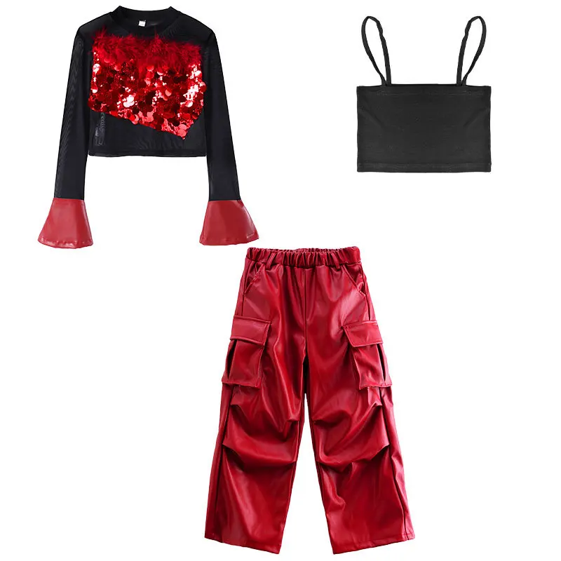 Kind Hip Hop Dance Outfit Mädchen Jazz Dance Kleidung Kpop Bühne Kleidung Pailletten Rot Schwarz Top Shuffle Hosen Street Dance Tragen