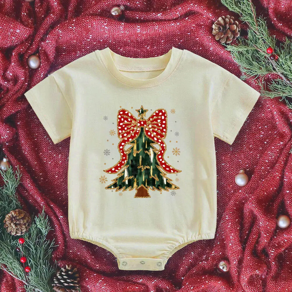 Christmas Tree Printed Baby Bubble Romper Christmas Vibes Newborn Large Bodysuit Xmas Party Outfit Infant Short Sleeve Jumpsuit