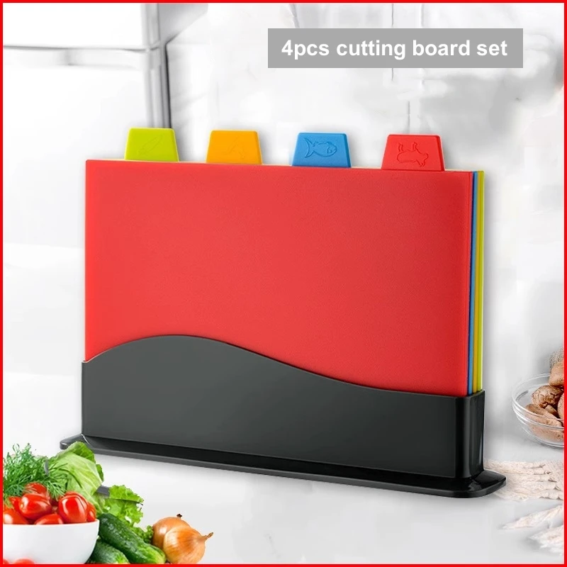 

Cutting Board Set 4 Piece with Storage Stand Non-Slip BPA-Free Plastic Chopping Board for Kitchen with Colored Food Icon