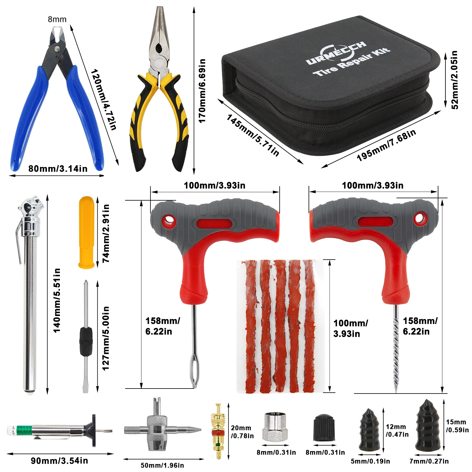 Car Tire Repair Tool Kit Auto Emergency Flat Tire Puncture Plug Needle Nose Pliers Cutter Tyre Nail Tire Pressure Gauge