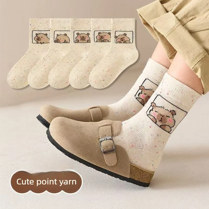 5-50Pairs Cartoon Capybara Pattern Cotton Socks Soft Point Yarn Light Colors for Girls Boys Baby Toddler Student Daily Gift