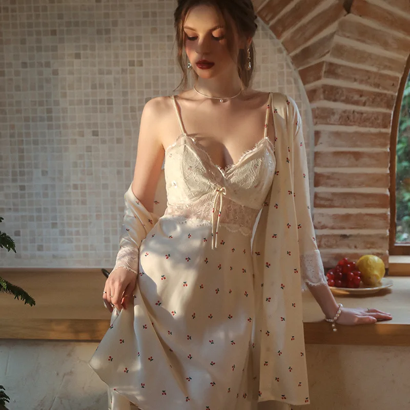 Female Twinset Robe Set Elegant French Style Sleepwear Summer Sexy Lace Bathrobe Nightgown Loose Print Rayon Home Dress