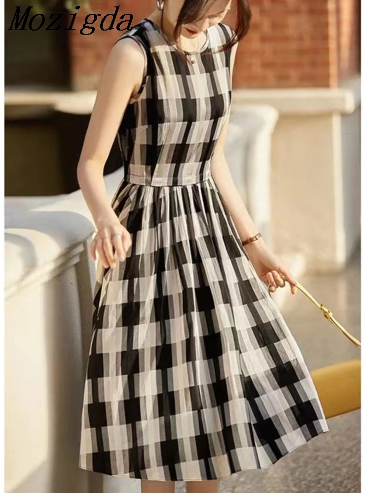 

Summer Plaid Striped Print Sleeveless Dress Women Ruffle Pleated Korean Style Fashion Ladies Dresses Loose Woman Midi Dress