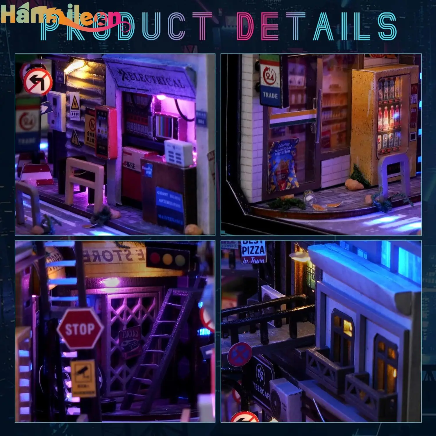 Hamaileon DIY rompecabezas de madera 3D Kit de rincón de libros, modelo de sujetalibros decorativo de inserción de estantería con luces LED (Cyberpunk)