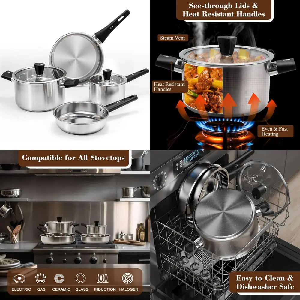 

6-piece stainless steel pots and pans set, kitchen cookware set with stay-cool handles compatible with gas, electric & induction
