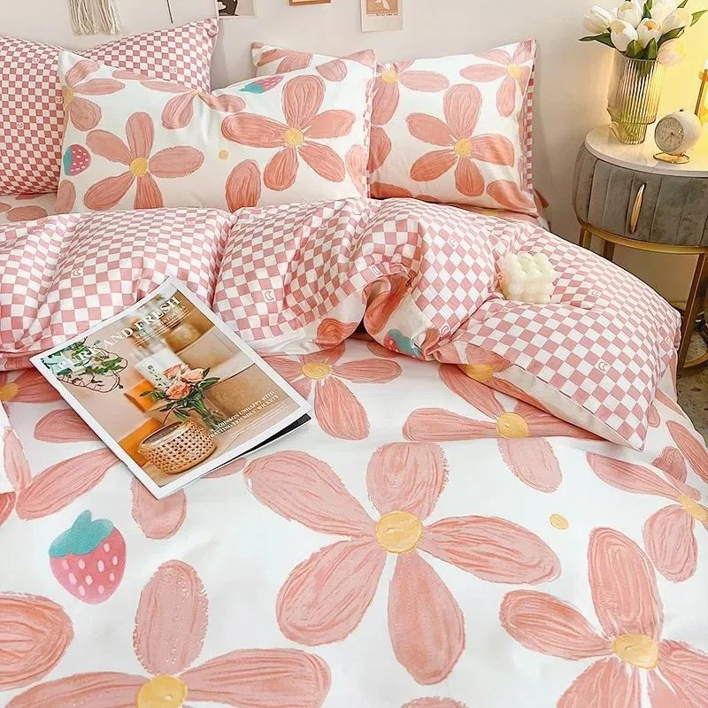 Kawaii Bedding Set Kids Adult Flat Sheet Duvet Cover Pillowcase Single Double Full Size Bed Linen Floral Cherry Home Textile