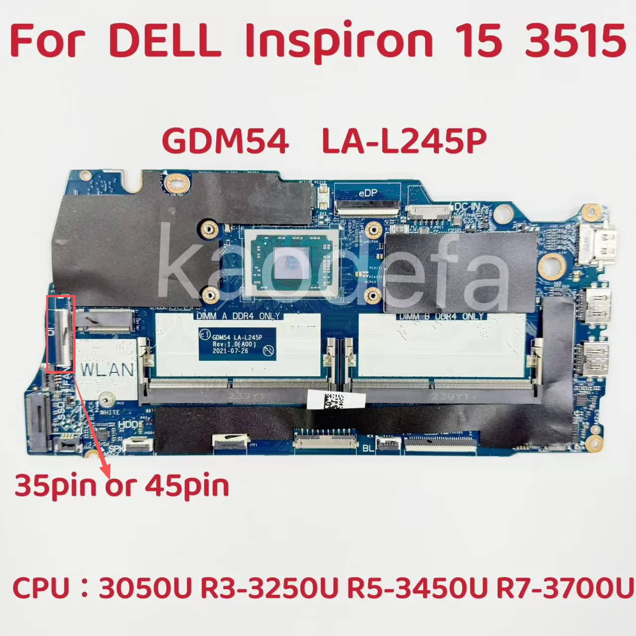 Placa base LA-L245P para Dell Inspiron 15 3515 placa base para ordenador portátil CPU: R3-3250U R5-3450U3500U Ryzen7-3700U AMD 35pin 45pin prueba OK