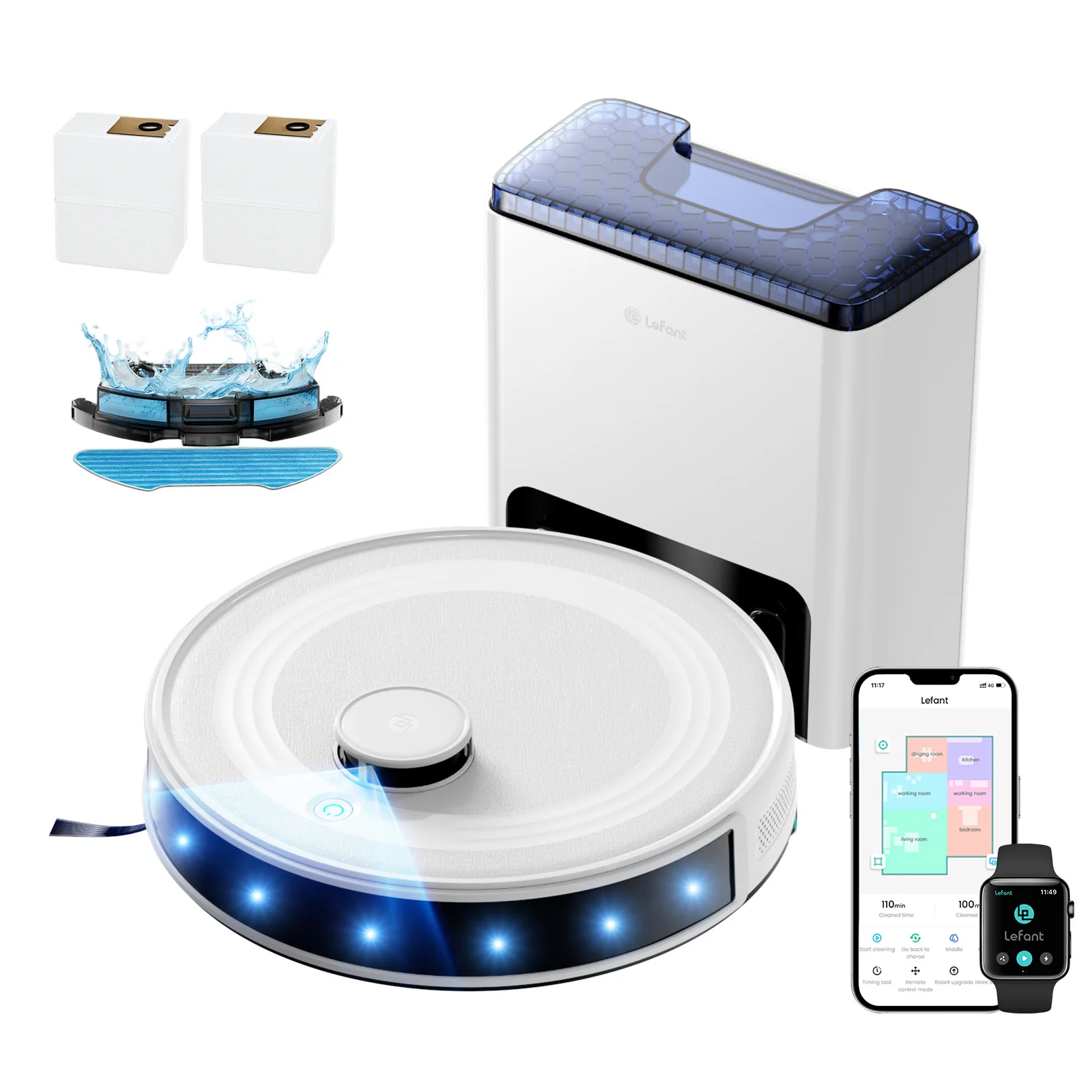 Lefant M2L Plus Robot Vacuum and Mop Combo (6000Pa Powerful Suction) – 75-Day Hands-Free Self-Emptying Base, Multi-Floor LiDAR Mapping, 130-Min Runtime, Dual-Band 2.4G/5G WiFi, App, Alexa & Apple Watch Control for Pet Hair, Carpet & Hard Floors