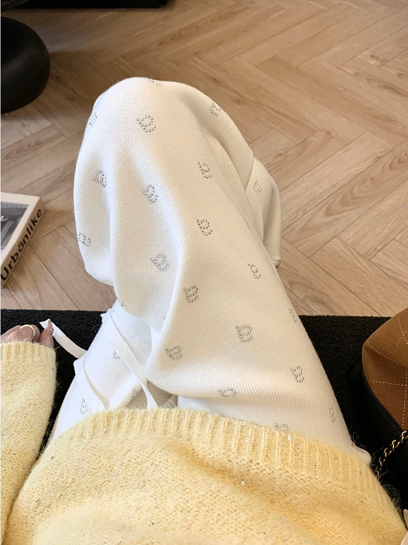 

High Waist Loose Fit Straight Leg Knitted Pants with Rhinestones Casual Trousers for Women Comfortable Breathable Autumn Wear