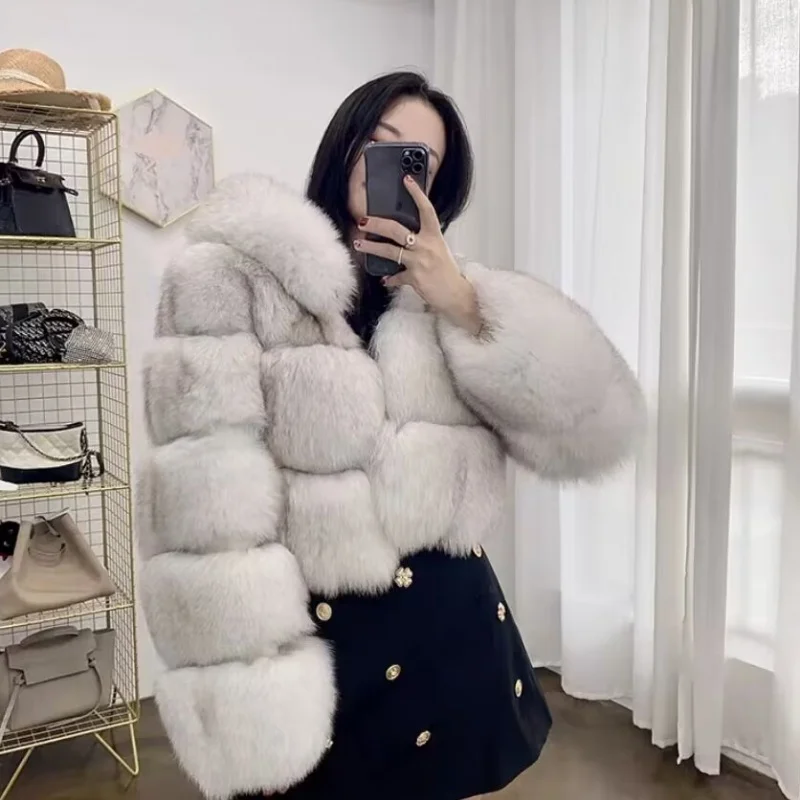 Fox Fur Coat With Hood Women\'s Winter Coat 2024 Fur Coat Women Real Hot Selling Style Women\'s Cropped Clothing Free Shipping