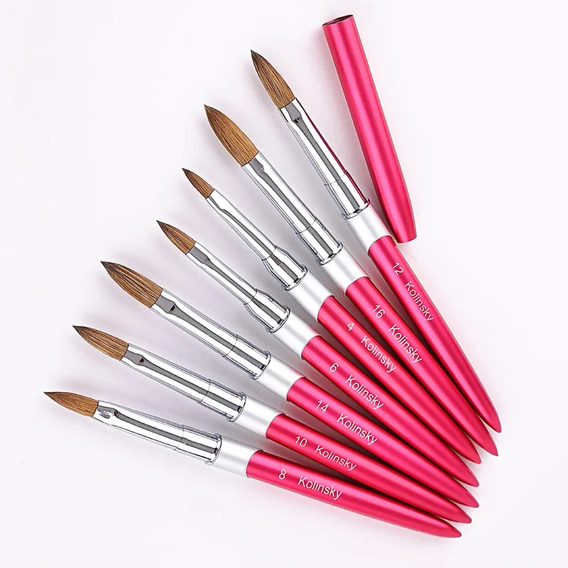 Pink Metal Kolinsky Sable Nail Acrylic Brush UV Gel Carving Pen Brush Liquid Powder DIY Nail Drawing Nail Art Brush