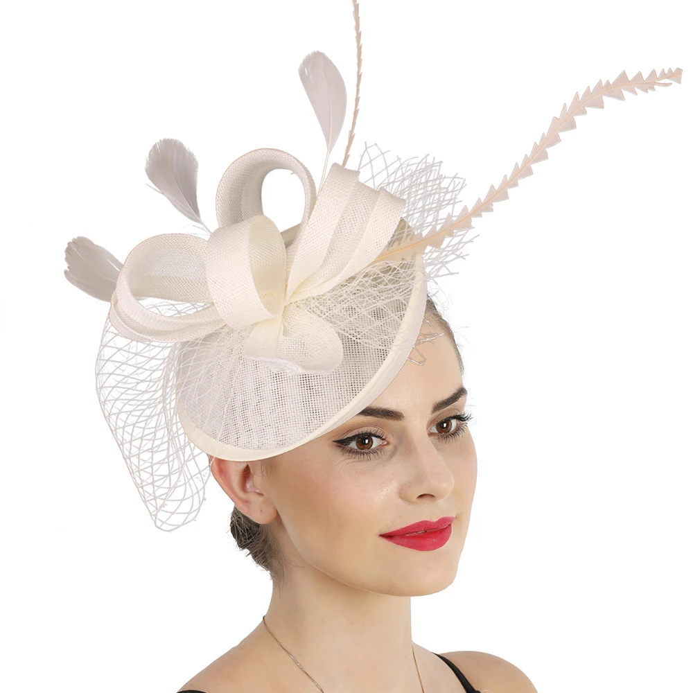 White Feather Fascinator Headband Fashion Fedora Hat Hair Accessory for Women Formal Church Dress Party Tea Millinery
