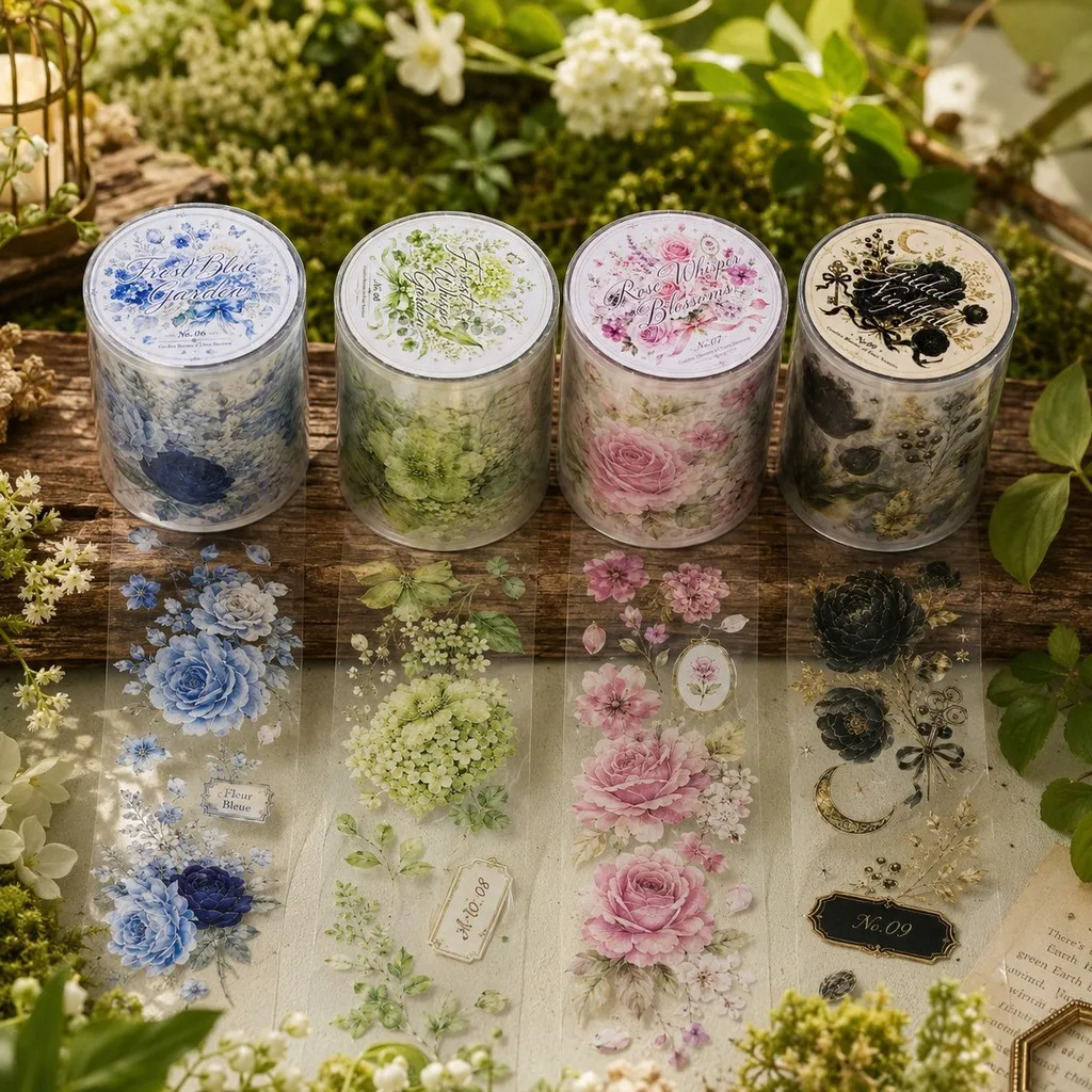 Journamm 50mm*2m Flowers Botanical PET Tape Stickers Transparent Scrapbook Tape for Junk Journal Planner Card Making DIY Crafts