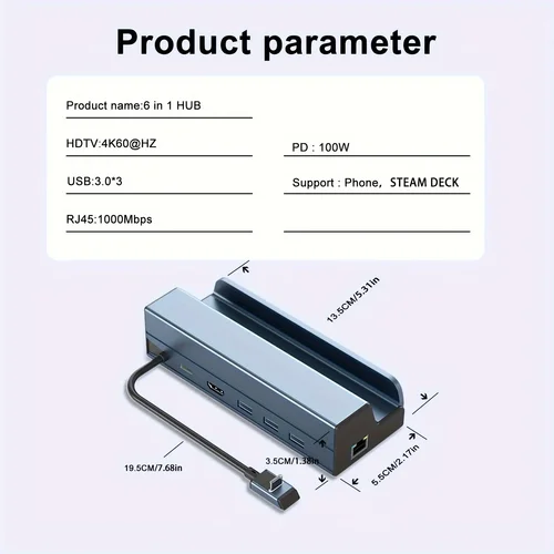Imagen 2 del producto Steam Deck Dock 6 en 1 Steam Deck Rog Ally Docking Station Soporte 3 * USB 3.0 HDTV 4K @ 60Hz Gigabit Ethernet PD 100W Hub
