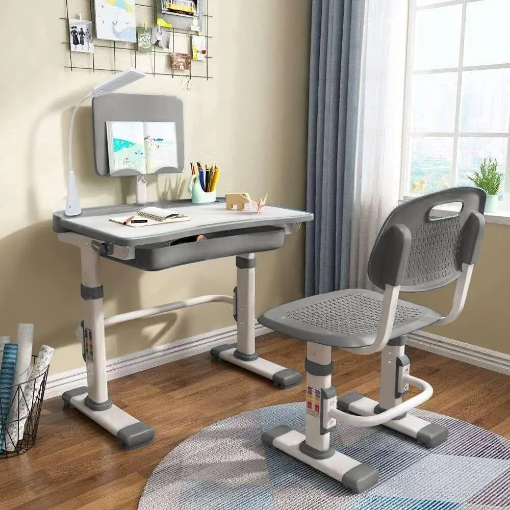 Kids Desk and Chair Set, Height-Adjustable, Included LED lamp, Gray | For ages 3-15, desktop tilts from 0 to 60 degrees