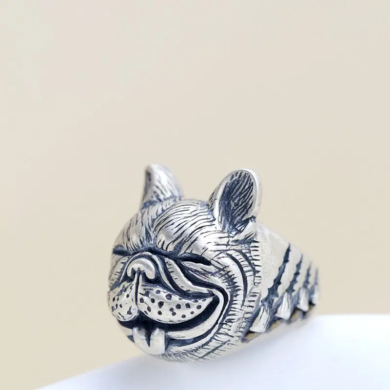 Authentic 925 Sterling Silver Ring Retro Style French Bulldog Head Creative Charm Nostalgia Open Ring Fashio Jewelry Gift