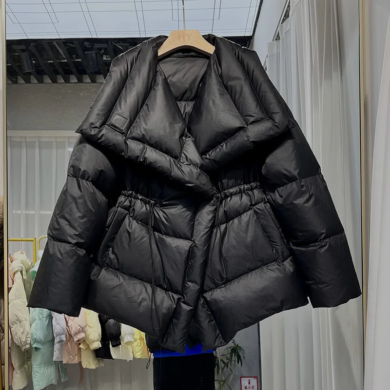 Luxo feminino fluffy puffer jaqueta cáqui inverno quente ajustável wasit para baixo casaco 2023 novo desinger parkas outwear