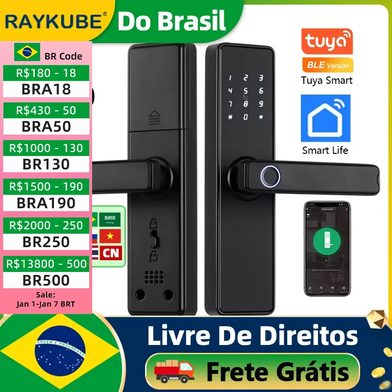 Do Brasil RAYKUBE K20 Tuya Bluetooth 9-language Fingerprint Door Lock Electronic Door Lock with Tuya APP/Card/Code/Key Unlock