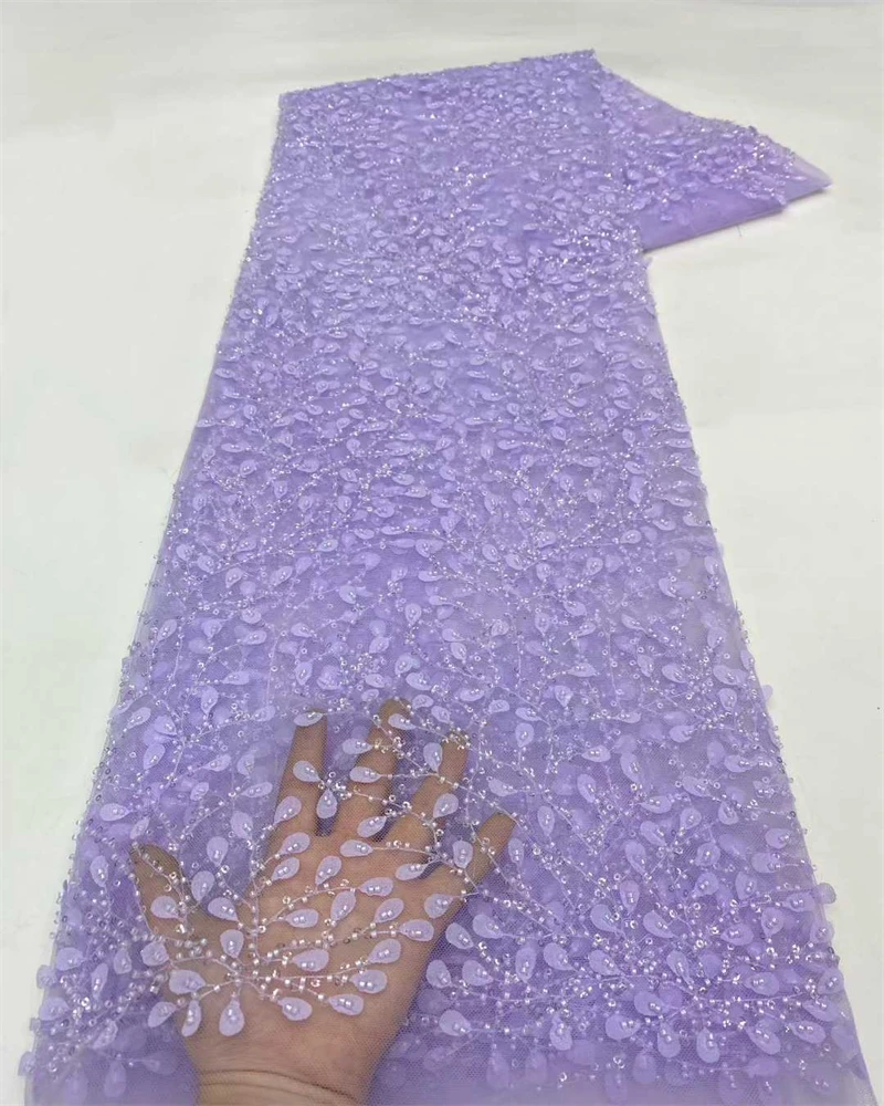 African French Nigerian High-End Tulle Lace Fabric with Beads Sequins for Wedding Party Dresses Bride Sewing Mesh Embroidery