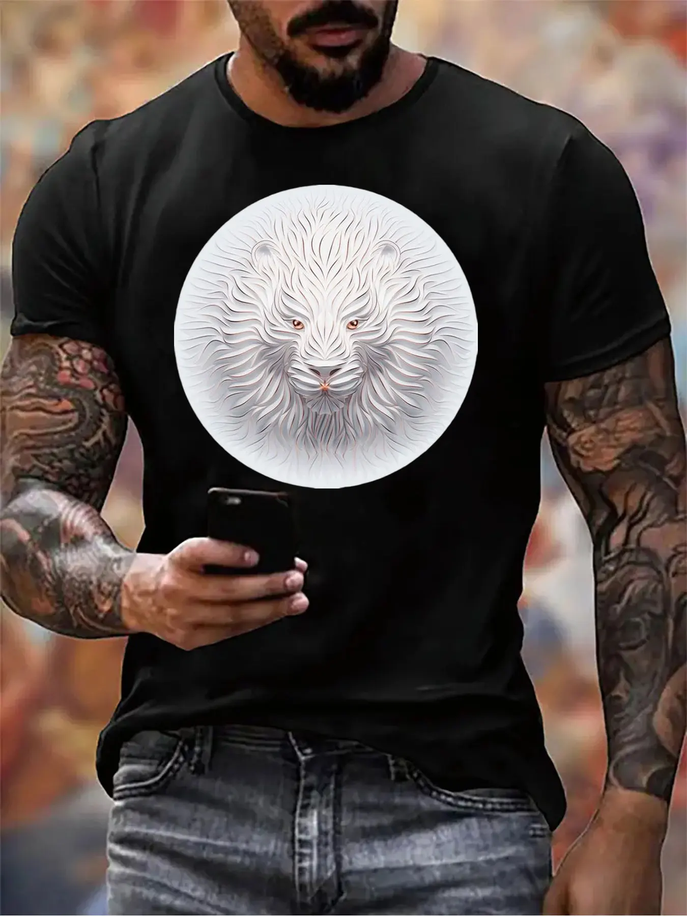 

Мужская хлопковая футболка с принтом льва, мягкая повседневная рубашка с круглым вырезом, которую можно стирать в машине, рождественский подарок для активного отдыха