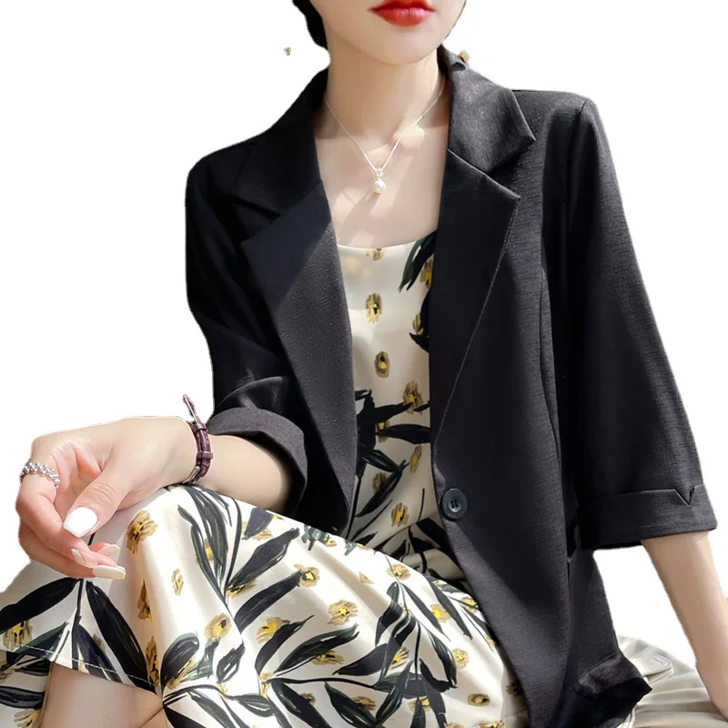 2023 Summer New Cotton Linen Embroidery Thin Suit Collar Regular Sleeve Women's Coat Loose Fit Casual Versatile Thin Suit