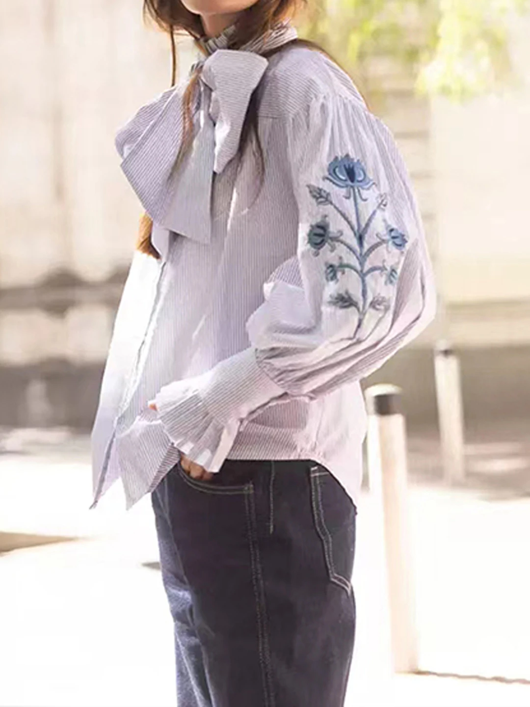 

Early Spring Romantic Bow Tie Embroidered Bubble Sve Floral Print Striped Women's irt Cotton Loose Fit Casual ...