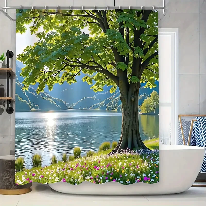 Rideau de douche Tranquil Lake View, transformez votre salle de bain dans une oase tranquille, Polyester imperméable, décoration de printemps pour la maison, facile à nettoyer