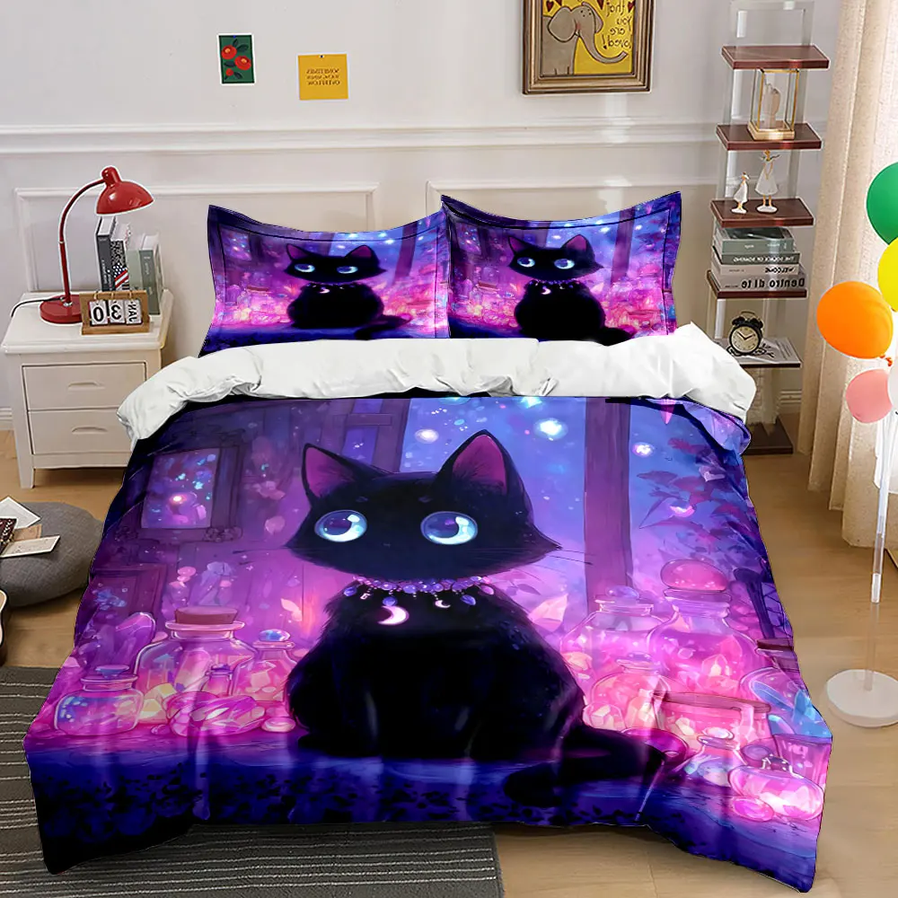 Black Cat with Dreamy Bottle Glow Print Bedding Set 1 Duvet Cover 2 Pillowcases for Adult and Children Luxury Gift Full Size