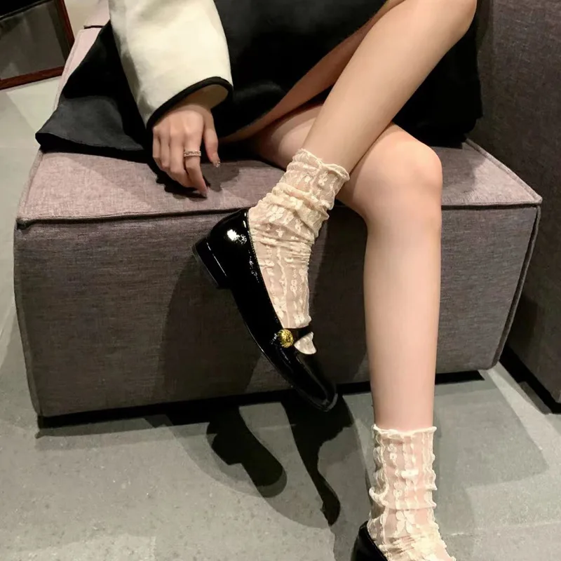 Internet Celebrity Wear White Lace Mesh Tube Socks Women's Sexy Black Cut-out Lace Bunching Socks Summer Thin