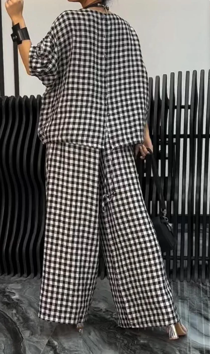 Half Sleeve Drawstring Houndstooth Print Women\'s 2-piece Set Loose T-shirt Top Wide-leg Pants Two-piece Suit Casual Streetwear