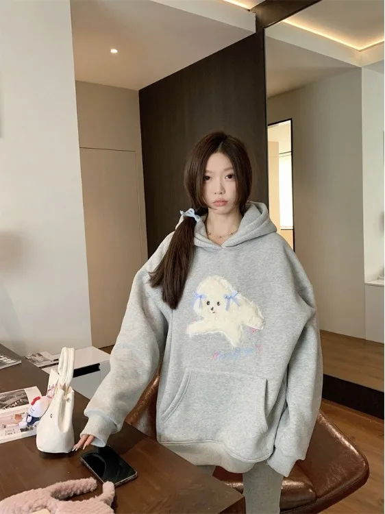 

plus Size Fleece Lined Thickened Hoodie Long Sleeve Sweatshirt Winter New Loose Slimming Casual Overhead Women's Top