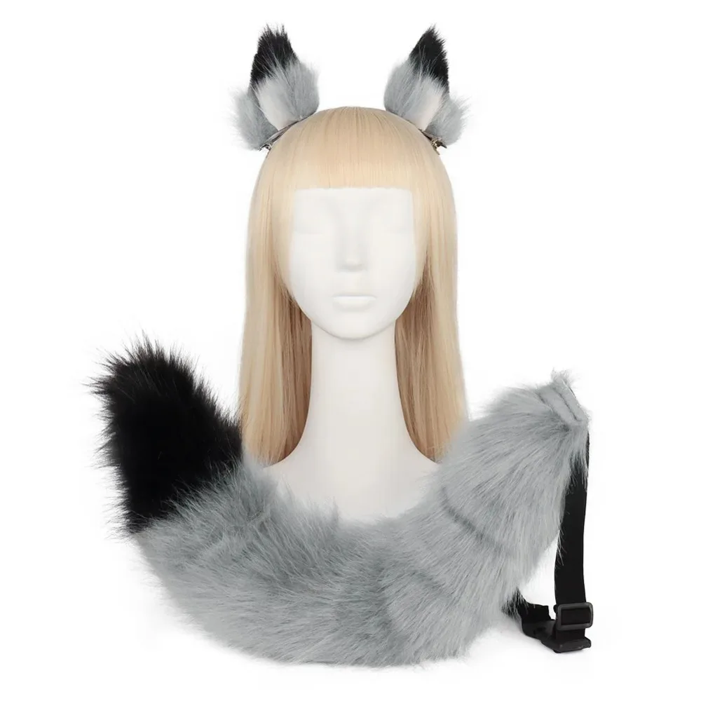 Women Girl Wolf Tail Ears Set Cosplay Prop Ear Tail Plush Wolf Ears Halloween Party Gift Costume Props