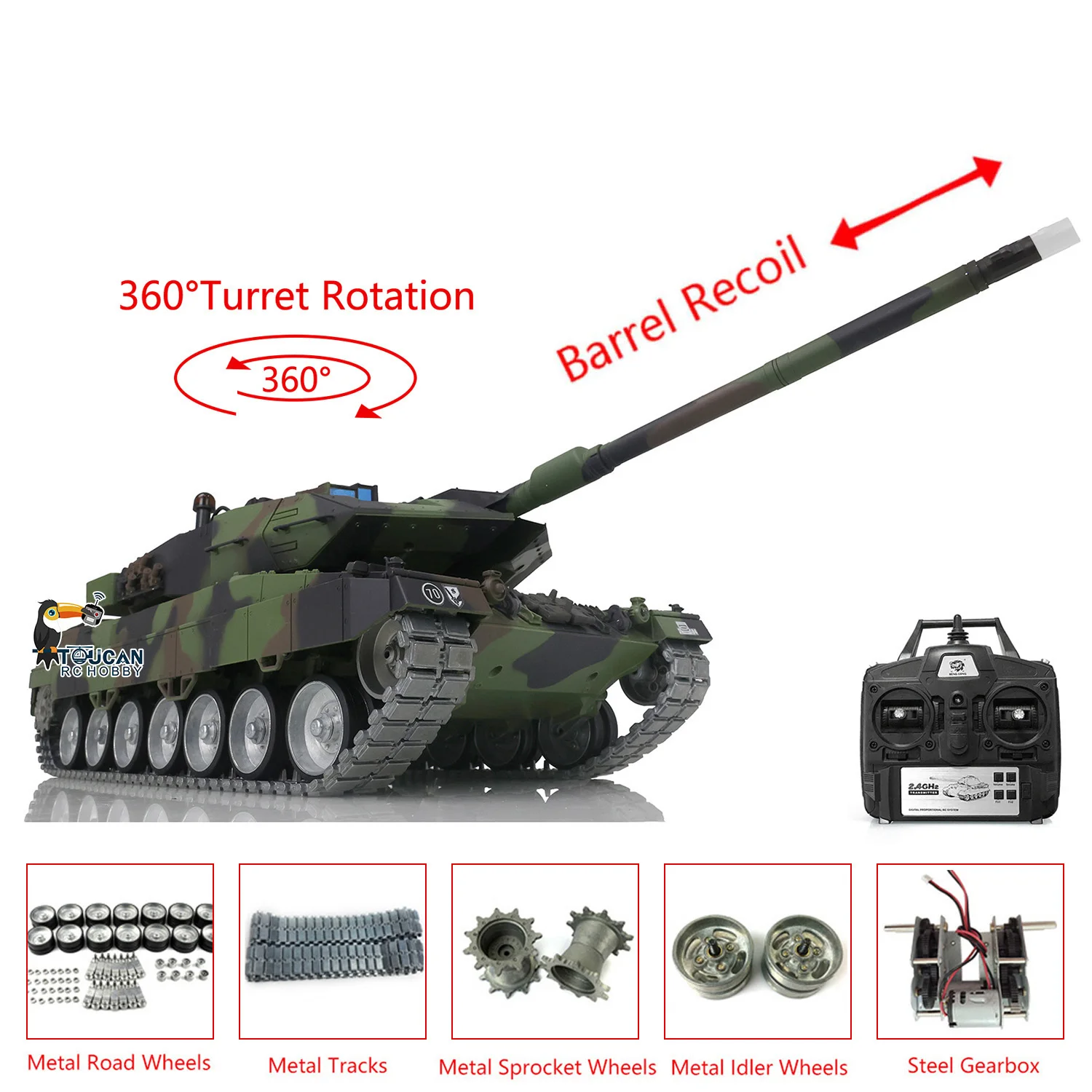 Toucan 1/16 Heng Long TK7.0 Leopard2A6 RC Tank 3889 Metal Tracks Wheels Barrel Recoil BB Airsoft Smoke Remote Control Car Panzer view 5
