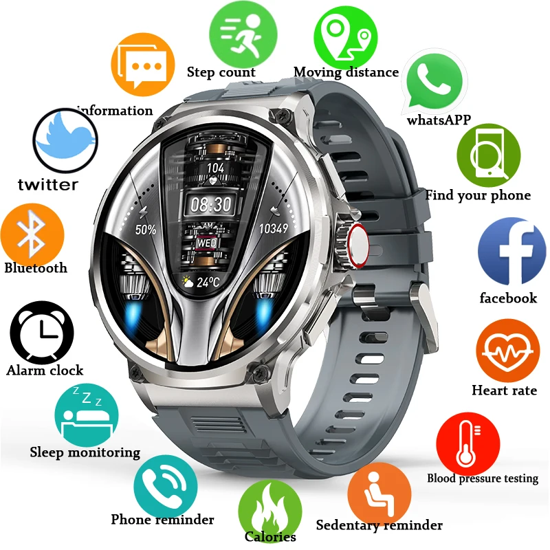

Smartwatch Military Men 360*360 HD Screen Flashlight Health Monitoring Waterproof Heart Rate BT Call Movement trajectory