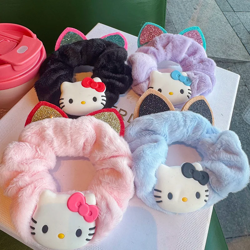 Miniso, lazo de pelo de dibujos animados de felpa atado con pelo, cola de caballo alta, cuerda para el pelo, lazo para el pelo del intestino grueso, oreja de gato, corazón de chica de aspecto alto