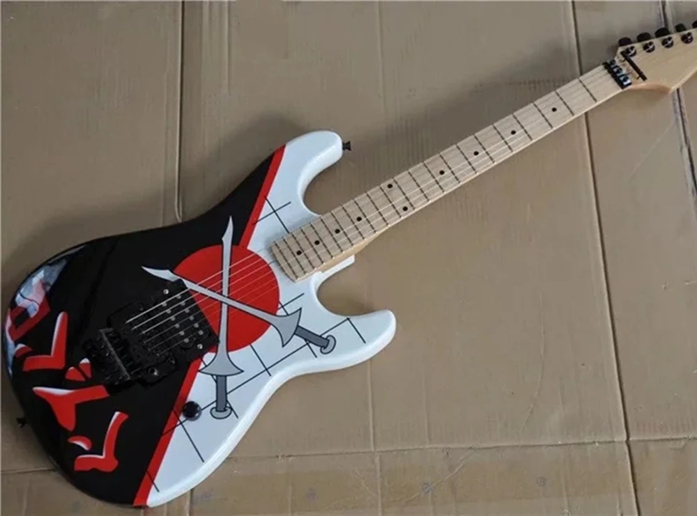 Guitarra eléctrica con patrón de espada de 6 cuerdas con herrajes negros, puente trémolo, oferta personalizada