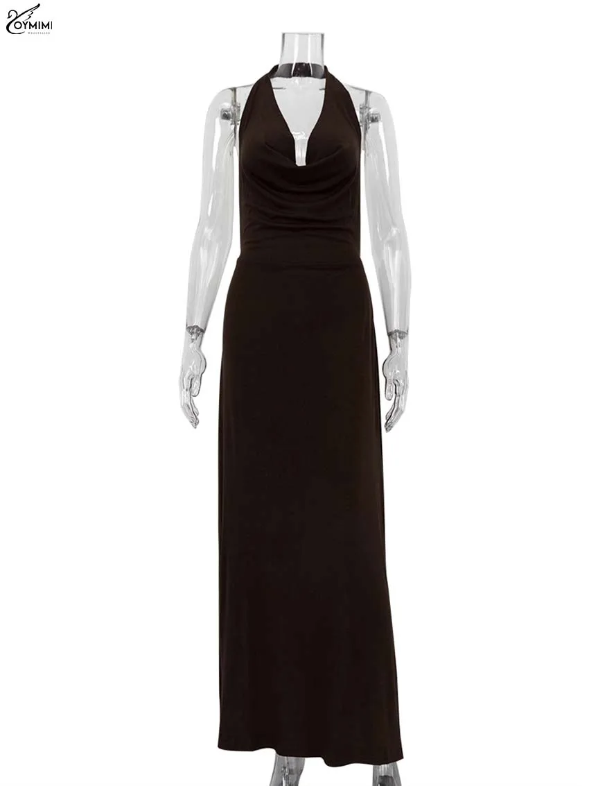 Oymimi Fashion Brown Knitting Dresses For Women 2023 Elegant Halter Sleeveless Slim Dresses Casual High Waist Floor-Length Dress
