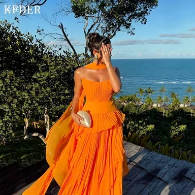 Orange Women's Evening Gowns Chiffon Draped 2026 Formal Party Dress A Line Sleeveless Floor Length Prom Gowns Dresses