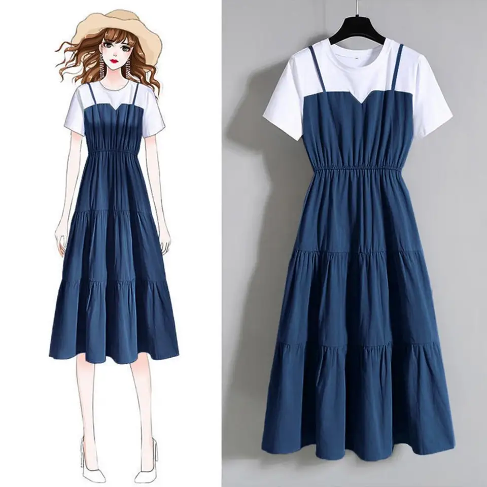 Vestido de verano 2024 de moda, dos piezas falso con tirantes, manga corta, ajustado a la cintura para mujer 6