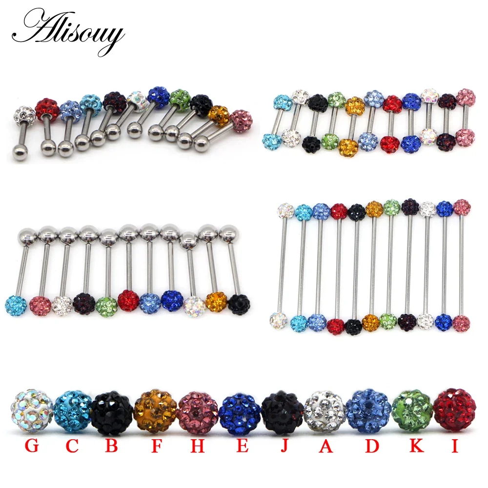 Alisouy 1PC Straight Industrial Barbells Bars Tongue Ear Cartilage Tragus Piercing Rings Crystal Ball Ear Body Piercing Jewelry