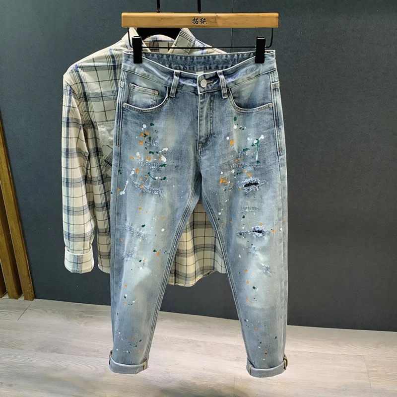 Pantalones vaqueros con pintura en aerosol para hombre, Jeans elásticos ajustados a la moda, estilo Hip-hop, para motocicleta