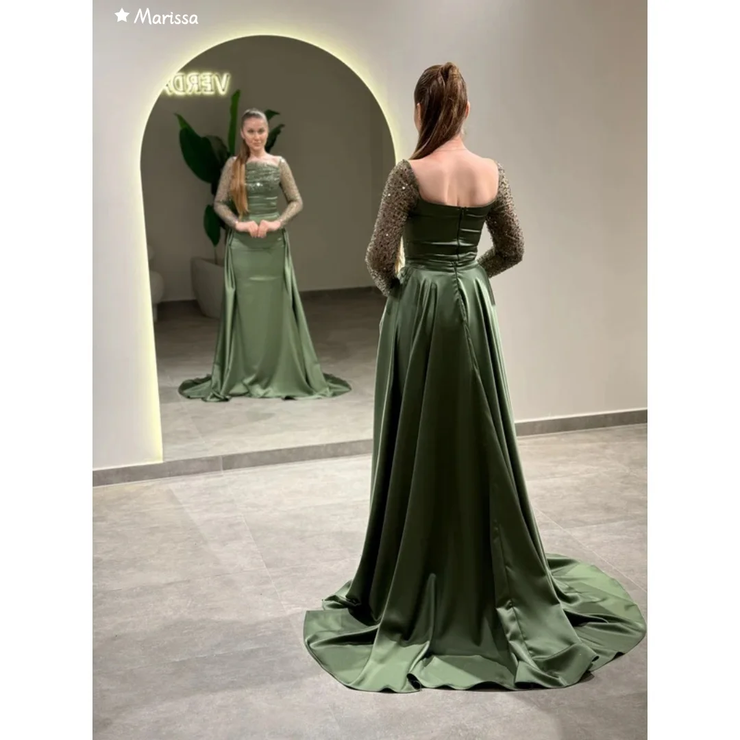 Marissa lange staart satijnen galajurk op maat gemaakte elegante damesjurken voor speciale gelegenheden gedeeltelijke pailletten galajurk 2025