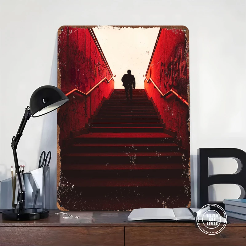 Red Stairway Silhouette Tin Poster Customized Wall Art Retro Vintage Metal Signs for Fans Room Bedroom Decoration Aesthetic Home