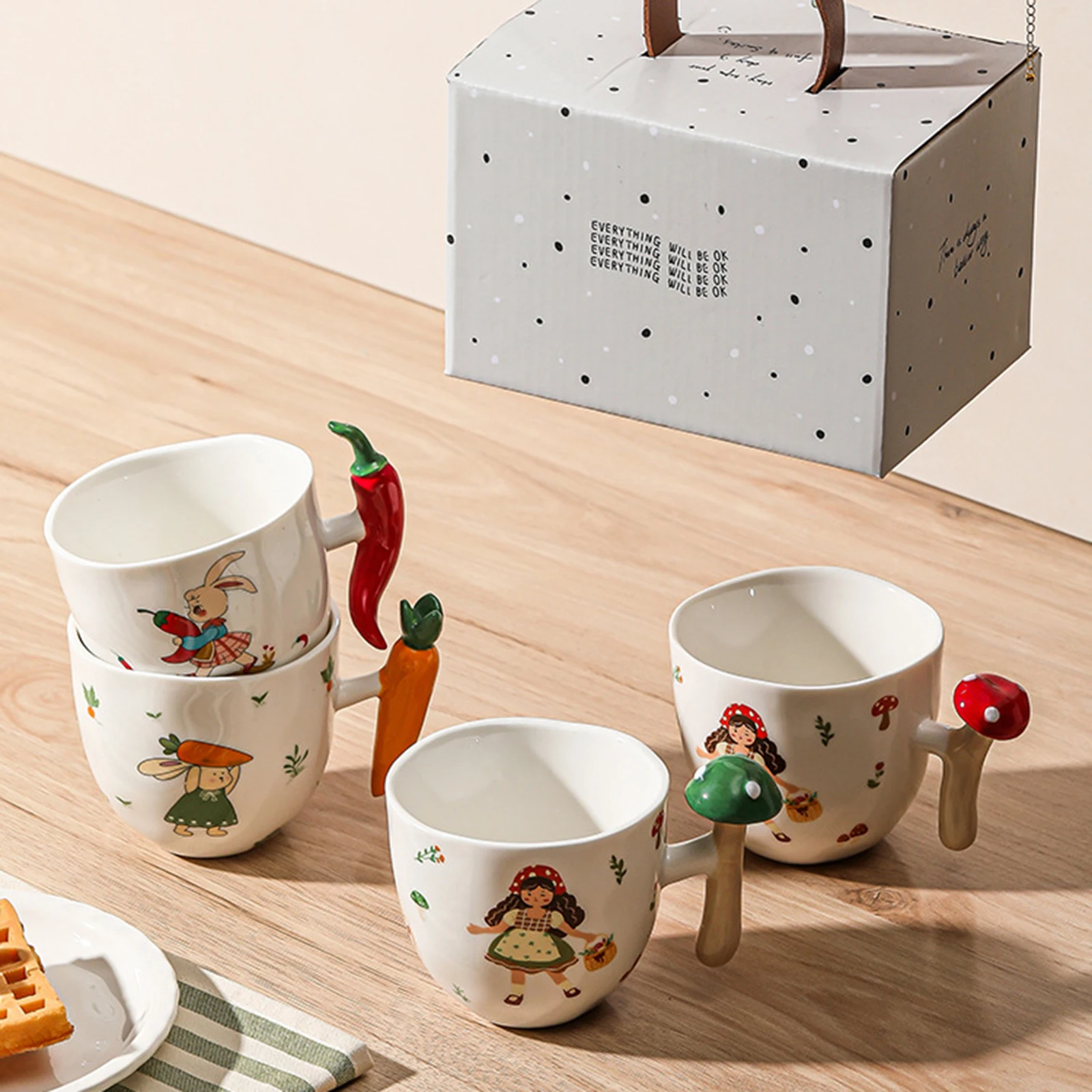 

Chili Carrot Mushroom Handle Milk Tea Cup Ceramic Mug Cup with Box Cartoon Character Rabbit Print Coffee Tea Cup Birthday Gifts