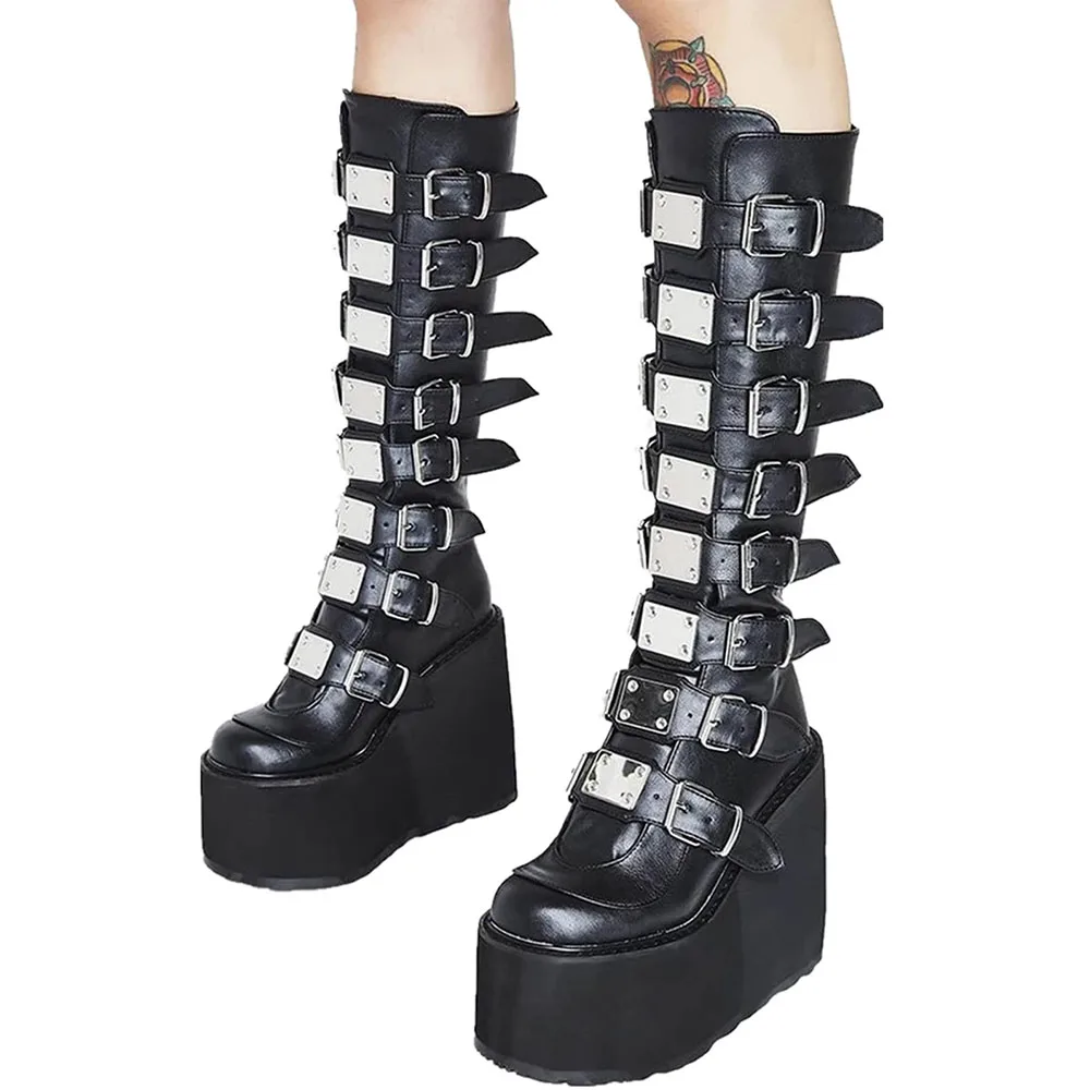 GIGIFOX Women Punk Motorcycle Boots Platform High Wedges Heel Zipper Metal Buckle Mid-Claf Boots Goth Combat Y2K COS Women Shoes