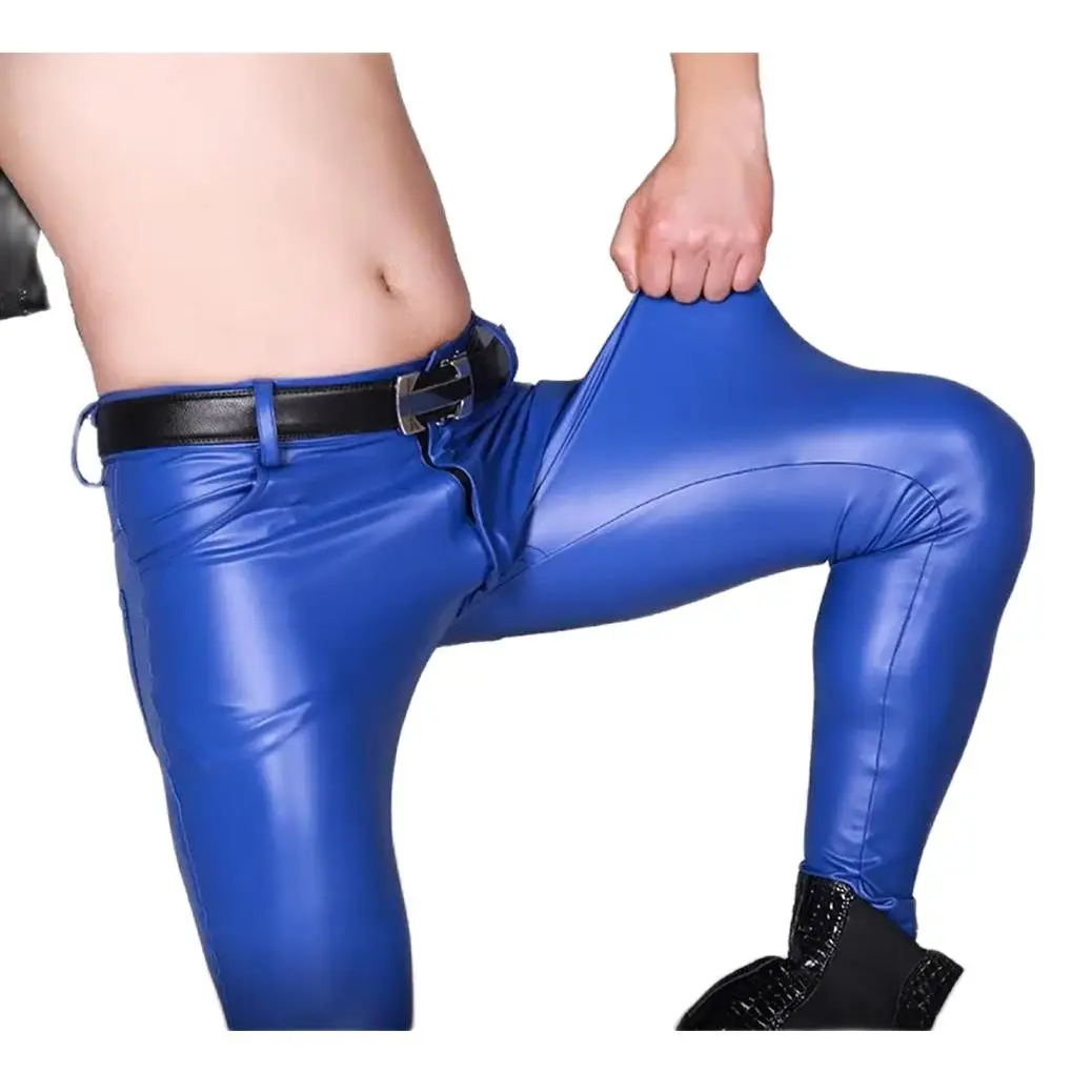 Men Wet Look Faux Leather Skinny Pants Mid‑Low Waist Stretch Slim Fit Trousers Glossy PU Leather Pants Club Stage Punk Costume