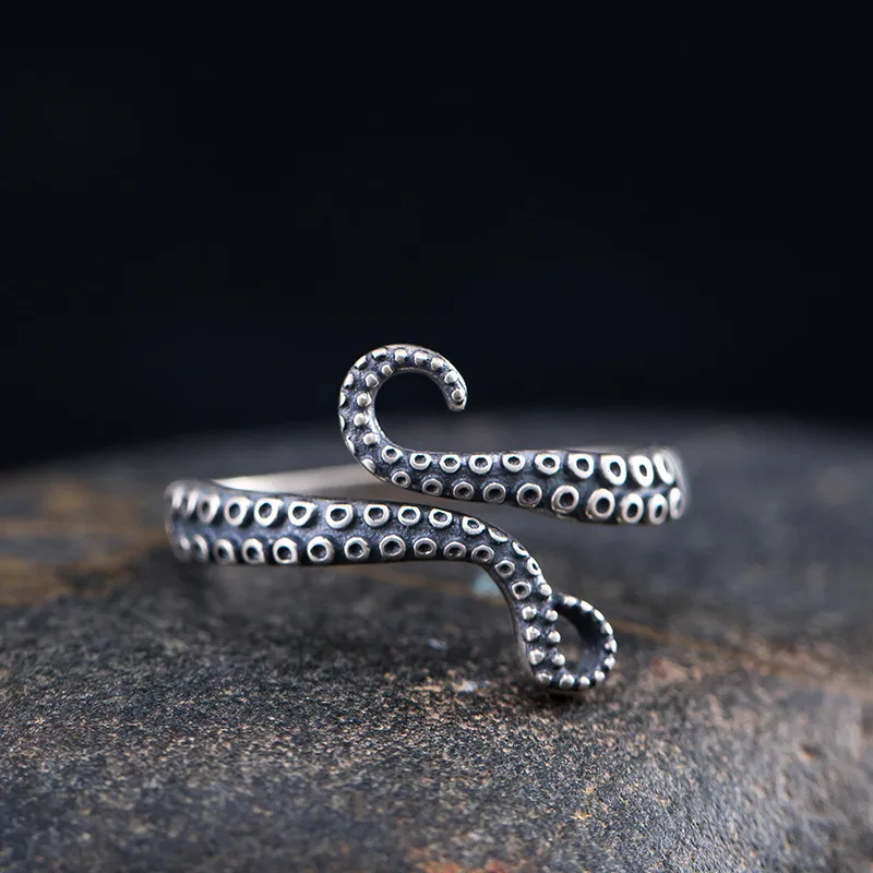 Punk Vintage Personality 925 Sterling Silver Originality Octopus Tentacles Open Rings For Women Girl LR009