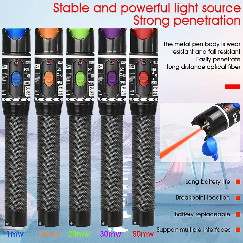 

FTTH Fiber Optic Cable Tester Laser Pen 1/10/20/30/50mw Visual Fault Locator SC/FC/ST 2.5mm Interface VFL 5-50Km Range