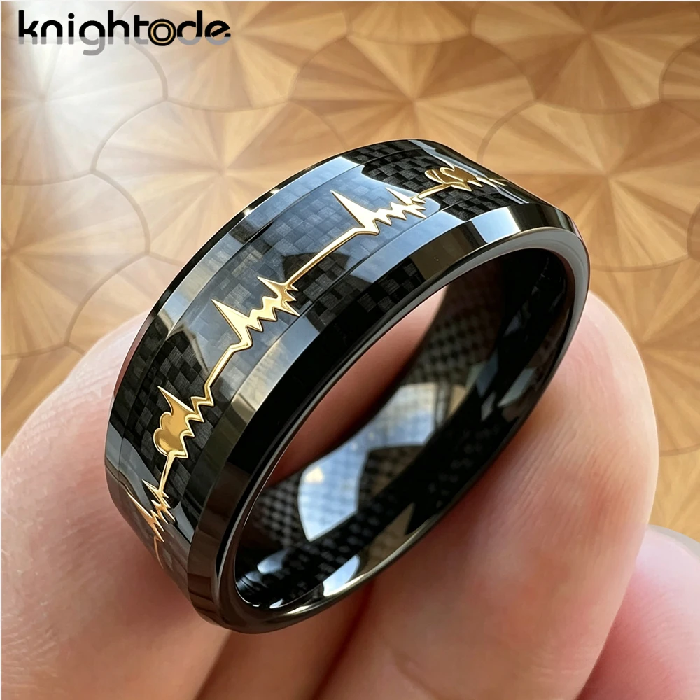 8mm Tungsten Carbide Ring with Carbon Fiber Inlay Gold Plated EKG Heartbeat Design Wedding Band for Men And Women Anniversary view 4